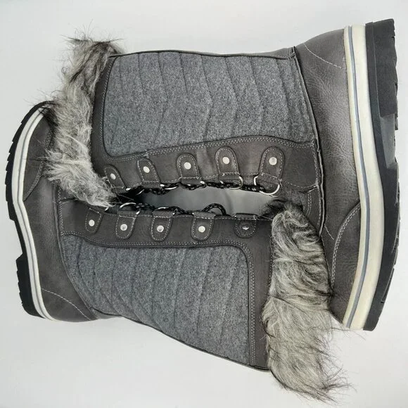 Womens Dark Gray Waterproof Lace Up Faux Fur Winter Mid Calf Size 8M Snow Boots - Picture 5 of 8